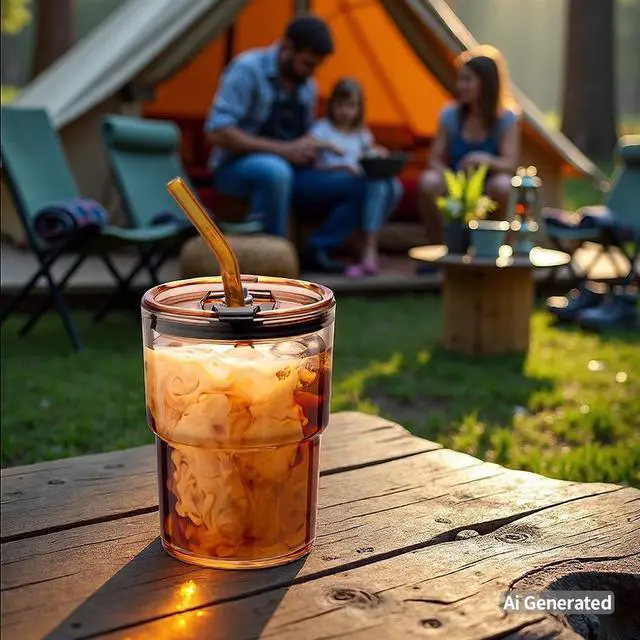 Alt view image 4 of 7 - 13oz/400ml Tumbler Water Glass, Cups with Straw and Lid Sealed Carry on for Coffee, Iced Tea, Thick Wall Insulated Glass Cup (Amber)