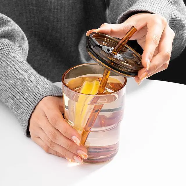 Alt view image 7 of 7 - 13oz/400ml Tumbler Water Glass, Cups with Straw and Lid Sealed Carry on for Coffee, Iced Tea, Thick Wall Insulated Glass Cup (Amber)