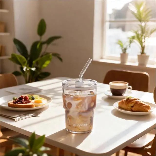 Alt view image 2 of 7 - 13oz/400ml Glass Water Tumbler with Straw and Lid Sealed Carry On Thick Wall Iced Coffee Cup Glass Cup for Water, Iced Tea Fruit Juice Etc(Aurora White