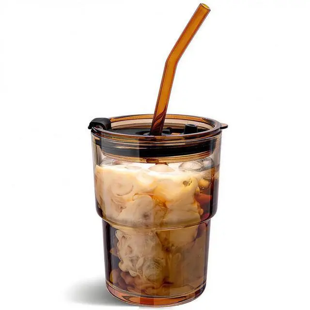 Main image of 13oz Glass Tumbler with Straw and Lid, Reusable Iced Coffee Cup Tumbler, Cute Glass Cups for Water, Matcha, Travel Coffee Mugs (Amber - 13oz)