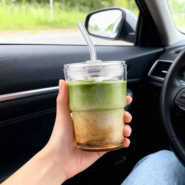 Alt view image 4 of 7 - 13oz/400ml Glass Water Tumbler with Straw and Lid Sealed Carry On Thick Wall Iced Coffee Cup Glass Cup for Water, Iced Tea Fruit Juice Etc(Aurora White