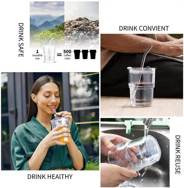 Alt view image 7 of 7 - 13oz/400ml Glass Water Tumbler with Straw and Lid Sealed Carry On Thick Wall Iced Coffee Cup Glass Cup for Water, Iced Tea Fruit Juice Etc(Aurora White