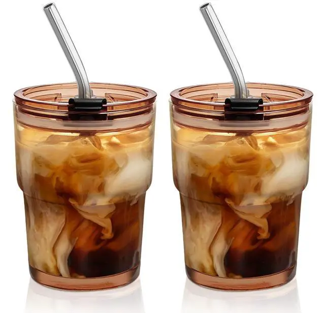 Main image of 13 Oz Glass Tumblers with Lids and Straws - 2 Pack Amber Glass Coffee Cups with Straws and Lids, Thicken Glass, Ideal for To Go Iced Coffee