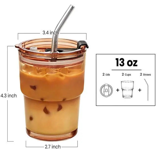 Alt view image 2 of 7 - 13 Oz Glass Tumblers with Lids and Straws - 2 Pack Amber Glass Coffee Cups with Straws and Lids, Thicken Glass, Ideal for To Go Iced Coffee