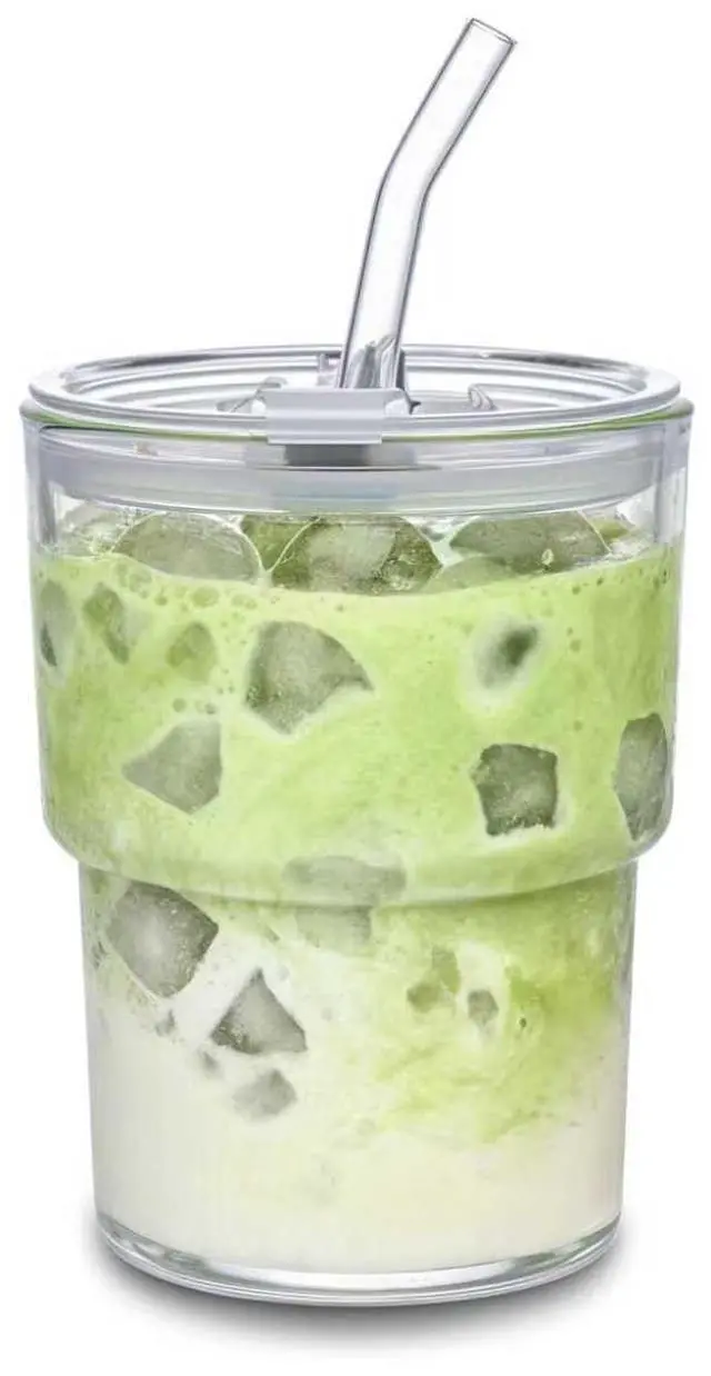 Main image of 13oz Glass Tumbler with Straw and Lid Sealed, Carry On Reusable Iced Coffee Cups,Thick Wall Glass Coffee Drinking Glassware Cups