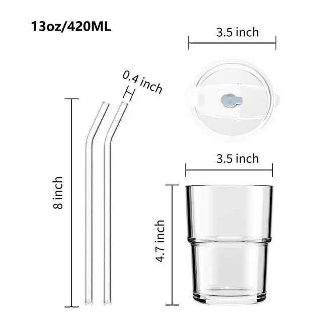 Alt view image 3 of 7 - 13oz Glass Tumbler with Straw and Lid Sealed, Carry On Reusable Iced Coffee Cups,Thick Wall Glass Coffee Drinking Glassware Cups