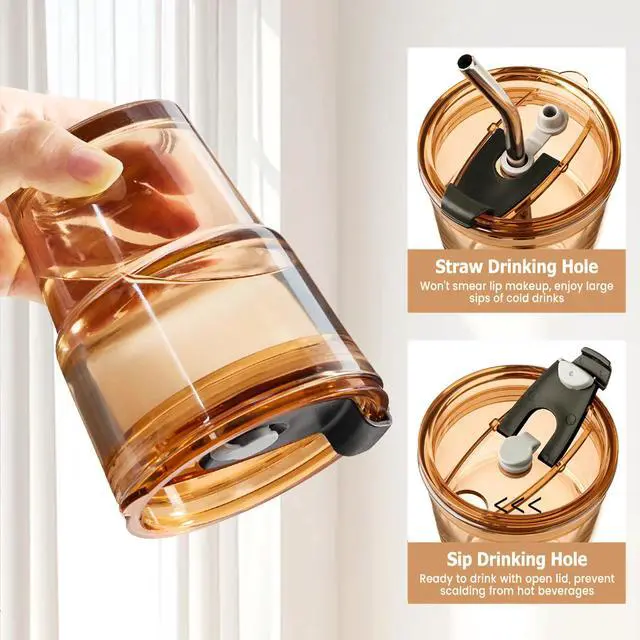 Alt view image 3 of 7 - 13 Oz Glass Tumblers with Lids and Straws - 2 Pack Amber Glass Coffee Cups with Straws and Lids, Thicken Glass, Ideal for To Go Iced Coffee