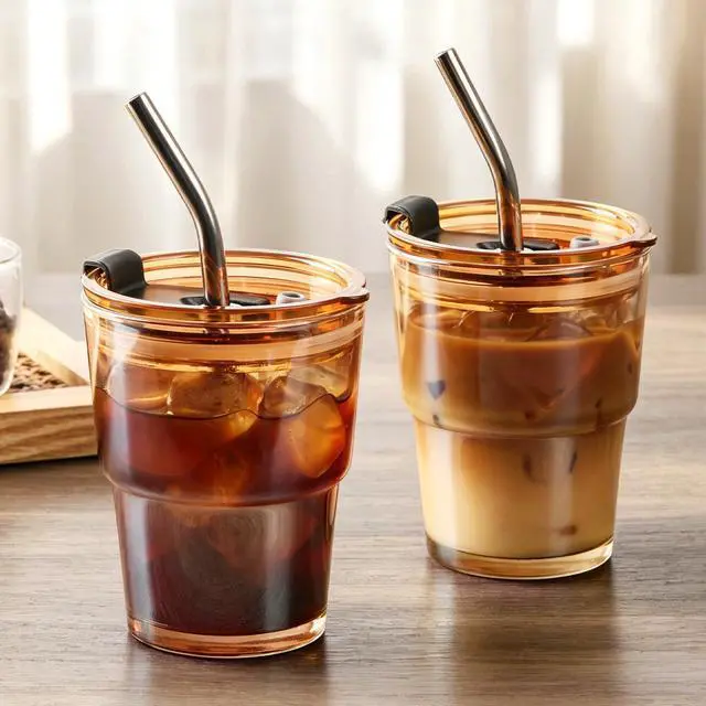Alt view image 4 of 7 - 13 Oz Glass Tumblers with Lids and Straws - 2 Pack Amber Glass Coffee Cups with Straws and Lids, Thicken Glass, Ideal for To Go Iced Coffee