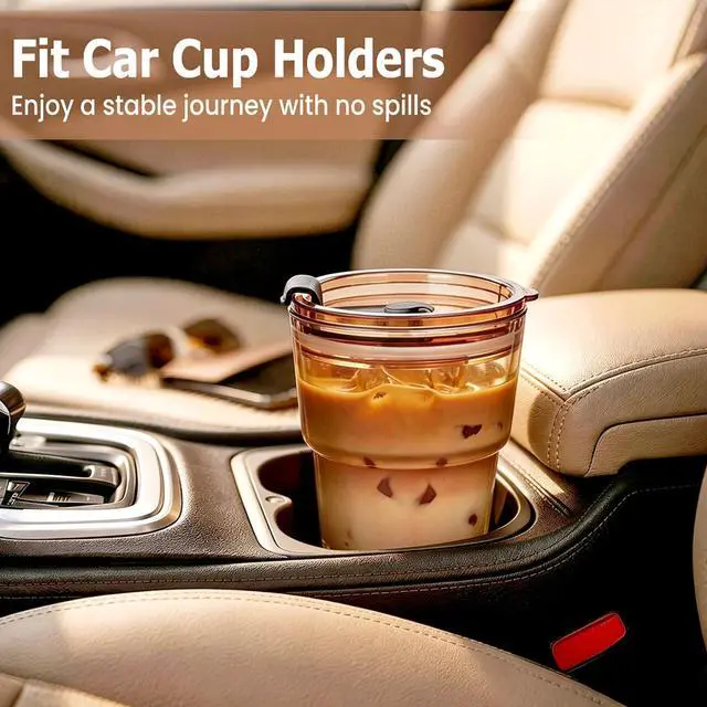 Alt view image 5 of 7 - 13 Oz Glass Tumblers with Lids and Straws - 2 Pack Amber Glass Coffee Cups with Straws and Lids, Thicken Glass, Ideal for To Go Iced Coffee