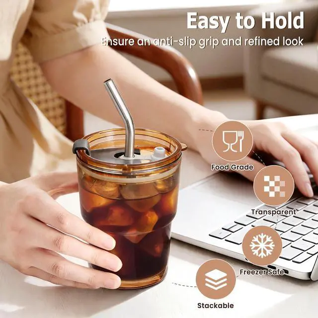 Alt view image 6 of 7 - 13 Oz Glass Tumblers with Lids and Straws - 2 Pack Amber Glass Coffee Cups with Straws and Lids, Thicken Glass, Ideal for To Go Iced Coffee