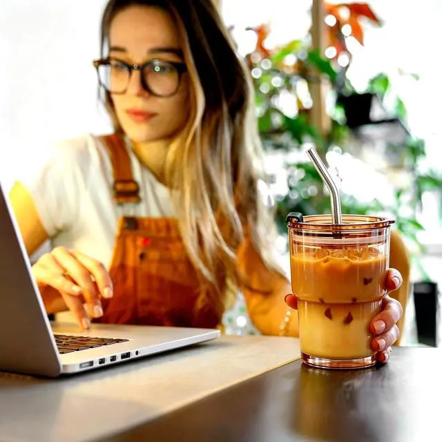Alt view image 7 of 7 - 13 Oz Glass Tumblers with Lids and Straws - 2 Pack Amber Glass Coffee Cups with Straws and Lids, Thicken Glass, Ideal for To Go Iced Coffee