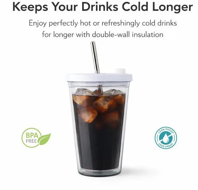 Alt view image 2 of 6 - Reusable Iced Coffee Cup 16 Oz, Leakproof Iced Coffee Tumbler, Clear Plastic Tumbler with Lid and Straw, Double Wall Insulated, BPA-Free, No Sweat, for Hot and Cold Drinks