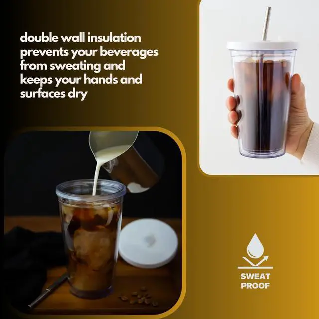 Alt view image 5 of 6 - Reusable Iced Coffee Cup 16 Oz, Leakproof Iced Coffee Tumbler, Clear Plastic Tumbler with Lid and Straw, Double Wall Insulated, BPA-Free, No Sweat, for Hot and Cold Drinks