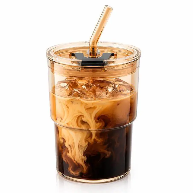 Main image of 13 oz Iced Coffee Cup, Glass Tumbler with Straw and Lid for Tea, Matcha, Cold Brew, Sealed, Portable, Thick Wall, BPA-Free (Amber)