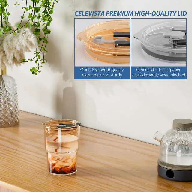 Alt view image 2 of 7 - 13 oz Iced Coffee Cup, Glass Tumbler with Straw and Lid for Tea, Matcha, Cold Brew, Sealed, Portable, Thick Wall, BPA-Free (Amber)