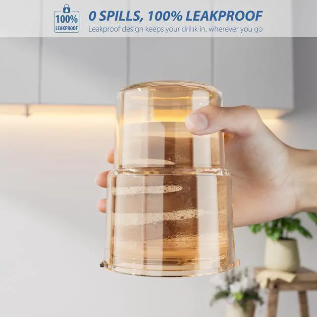Alt view image 3 of 7 - 13 oz Iced Coffee Cup, Glass Tumbler with Straw and Lid for Tea, Matcha, Cold Brew, Sealed, Portable, Thick Wall, BPA-Free (Amber)