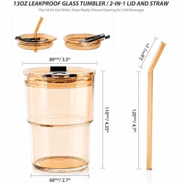 Alt view image 4 of 7 - 13 oz Iced Coffee Cup, Glass Tumbler with Straw and Lid for Tea, Matcha, Cold Brew, Sealed, Portable, Thick Wall, BPA-Free (Amber)