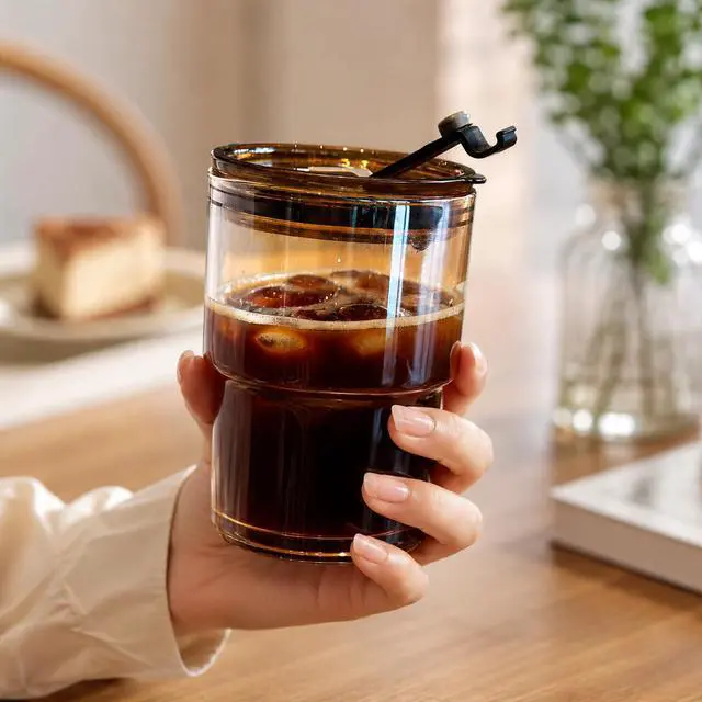 Alt view image 5 of 7 - 13 oz Iced Coffee Cup, Glass Tumbler with Straw and Lid for Tea, Matcha, Cold Brew, Sealed, Portable, Thick Wall, BPA-Free (Amber)