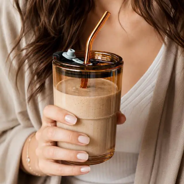 Alt view image 6 of 7 - 13 oz Iced Coffee Cup, Glass Tumbler with Straw and Lid for Tea, Matcha, Cold Brew, Sealed, Portable, Thick Wall, BPA-Free (Amber)