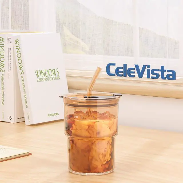 Alt view image 7 of 7 - 13 oz Iced Coffee Cup, Glass Tumbler with Straw and Lid for Tea, Matcha, Cold Brew, Sealed, Portable, Thick Wall, BPA-Free (Amber)