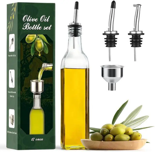 Main image of 17oz Clear Glass Olive Oil Dispenser Bottle - 500ml Oil & Vinegar Cruet with Pourers and Funnel - Olive Oil Carafe Decanter for Kitchen