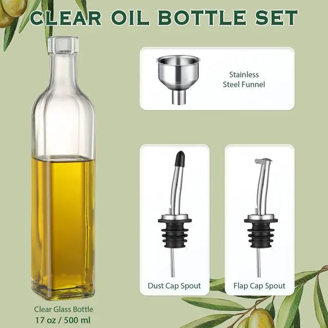 Alt view image 2 of 7 - 17oz Clear Glass Olive Oil Dispenser Bottle - 500ml Oil & Vinegar Cruet with Pourers and Funnel - Olive Oil Carafe Decanter for Kitchen