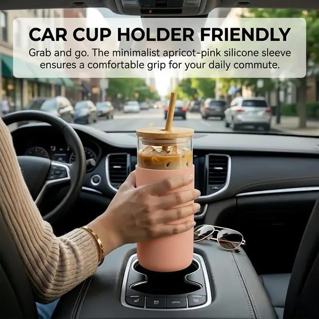 Alt view image 2 of 7 - 16oz Glass Tumbler with Lid and Straw, Thick Borosilicate Glass Iced Coffee Cup with Protective Silicone Sleeve, Car Cup Holder Friendly Reusable Smoothie Cup for Matcha Tea and Boba, Gift Box Ready