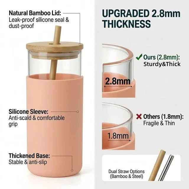 Alt view image 3 of 7 - 16oz Glass Tumbler with Lid and Straw, Thick Borosilicate Glass Iced Coffee Cup with Protective Silicone Sleeve, Car Cup Holder Friendly Reusable Smoothie Cup for Matcha Tea and Boba, Gift Box Ready