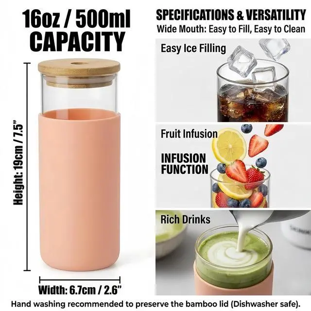 Alt view image 4 of 7 - 16oz Glass Tumbler with Lid and Straw, Thick Borosilicate Glass Iced Coffee Cup with Protective Silicone Sleeve, Car Cup Holder Friendly Reusable Smoothie Cup for Matcha Tea and Boba, Gift Box Ready
