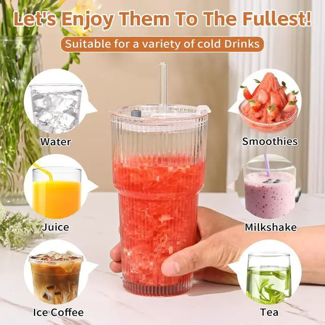 Alt view image 4 of 7 - 20oz Ribbed Glass Cups with Lids and Straws,1PCS Glass Tumbler with Straw and Lid,Iced Coffee Cups Drinking Glasses for Juice Whiskey Cocktail Beer