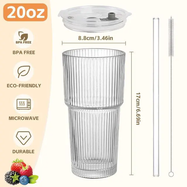Alt view image 2 of 7 - 20oz Ribbed Glass Cups with Lids and Straws,1PCS Glass Tumbler with Straw and Lid,Iced Coffee Cups Drinking Glasses for Juice Whiskey Cocktail Beer