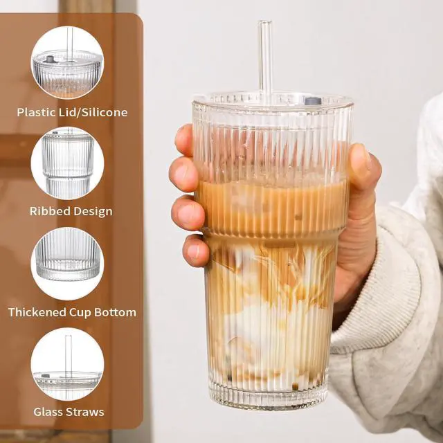 Alt view image 6 of 7 - 20oz Ribbed Glass Cups with Lids and Straws,1PCS Glass Tumbler with Straw and Lid,Iced Coffee Cups Drinking Glasses for Juice Whiskey Cocktail Beer