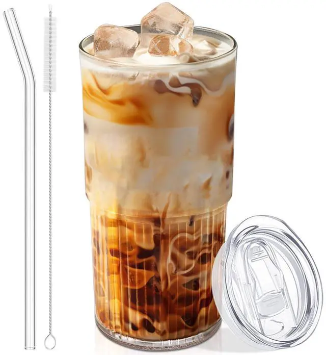 Main image of 18.5oz Glass Cups with Lids and Straws Single Reusable Tumbler, Thickened Shatter-Resistant Glass, Ideal for Iced Coffee, Smoothies, Cocktails, Juices Elegant & Durable Drinkware