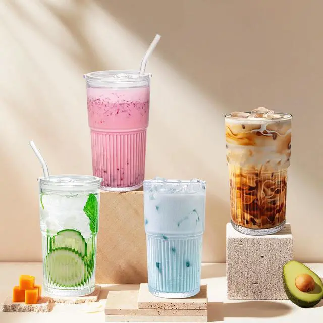 Alt view image 7 of 7 - 18.5oz Glass Cups with Lids and Straws Single Reusable Tumbler, Thickened Shatter-Resistant Glass, Ideal for Iced Coffee, Smoothies, Cocktails, Juices Elegant & Durable Drinkware