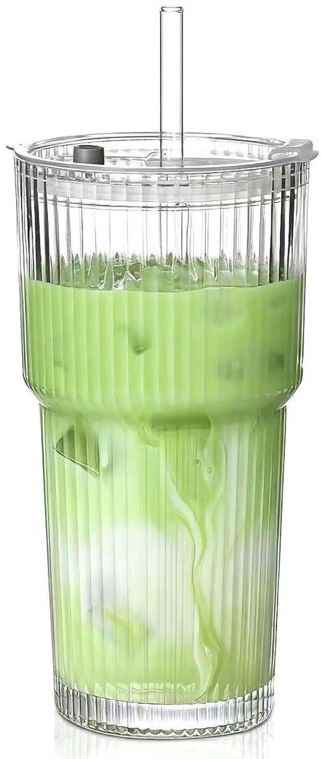 Main image of 20 oz Glass Tumblers, Iced Coffee Cups with Lids and Glass Straws, Thickened Wall Ribbed Glass Cups, Ideal for Smoothies, Cocktails, and Juices Vintage and Durable Drinkware 1 Pack