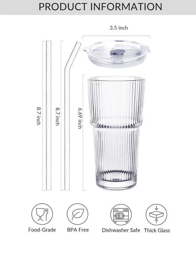 Alt view image 3 of 7 - 20 oz Glass Tumblers, Iced Coffee Cups with Lids and Glass Straws, Thickened Wall Ribbed Glass Cups, Ideal for Smoothies, Cocktails, and Juices Vintage and Durable Drinkware 1 Pack