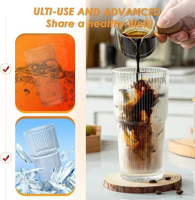 Alt view image 2 of 7 - 20 oz Glass Tumblers, Iced Coffee Cups with Lids and Glass Straws, Thickened Wall Ribbed Glass Cups, Ideal for Smoothies, Cocktails, and Juices Vintage and Durable Drinkware 1 Pack