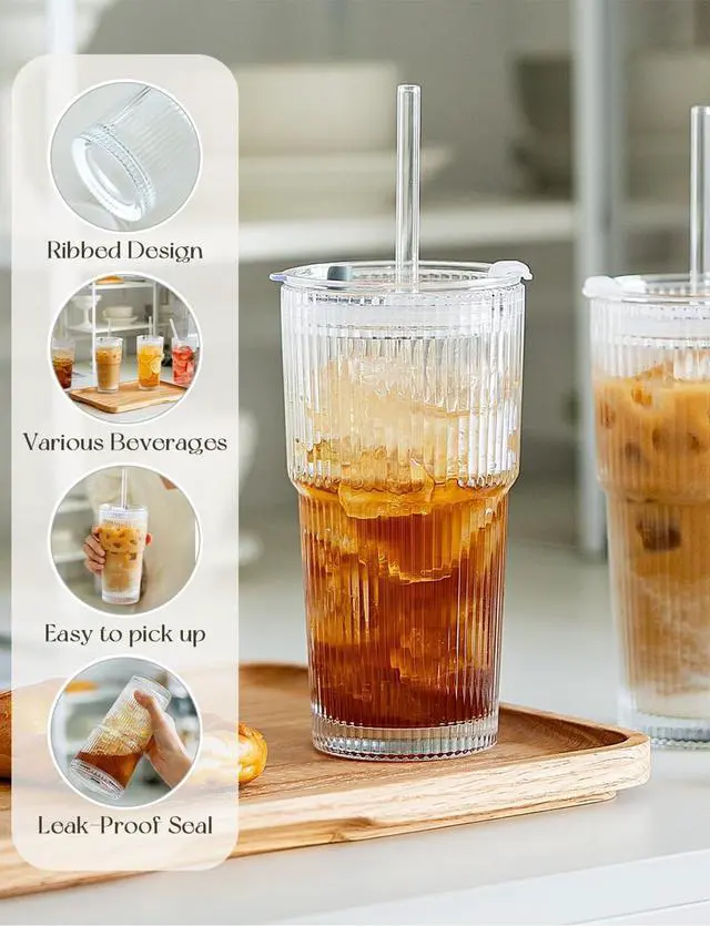 Alt view image 4 of 7 - 20 oz Glass Tumblers, Iced Coffee Cups with Lids and Glass Straws, Thickened Wall Ribbed Glass Cups, Ideal for Smoothies, Cocktails, and Juices Vintage and Durable Drinkware 1 Pack