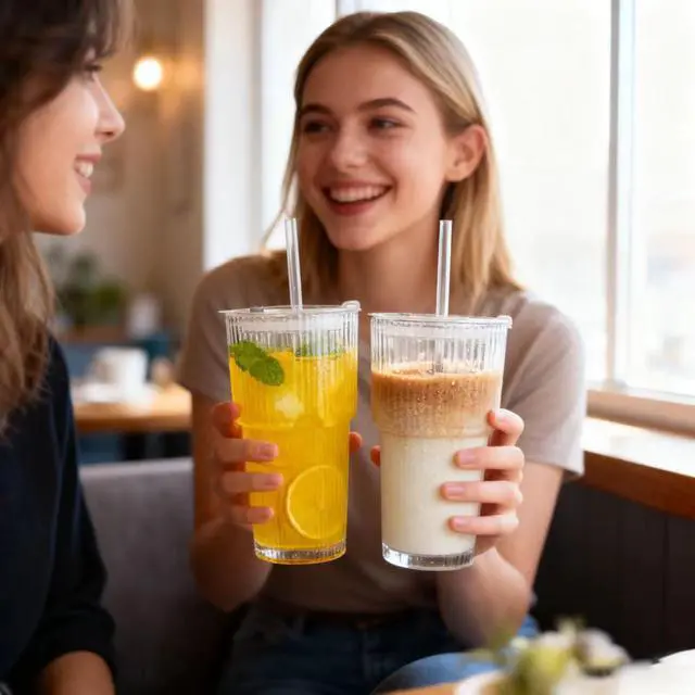 Alt view image 6 of 7 - 20 oz Glass Tumblers, Iced Coffee Cups with Lids and Glass Straws, Thickened Wall Ribbed Glass Cups, Ideal for Smoothies, Cocktails, and Juices Vintage and Durable Drinkware 1 Pack
