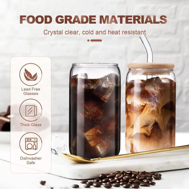 Alt view image 2 of 6 - Iced Coffee Cups with Lids 2 pcs,16 oz Glass Cups with Lids and Straws as Coffee Bar Accessories,Beer Drinking Glasses,Reusable Glass Tumbler,Cute Coffee Cups for Coffee, Juice, Gifts