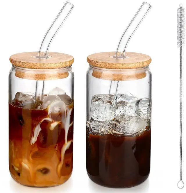 Main image of Iced Coffee Cups with Lids 2 pcs,16 oz Glass Cups with Lids and Straws as Coffee Bar Accessories,Beer Drinking Glasses,Reusable Glass Tumbler,Cute Coffee Cups for Coffee, Juice, Gifts