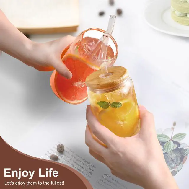Alt view image 4 of 6 - Iced Coffee Cups with Lids 2 pcs,16 oz Glass Cups with Lids and Straws as Coffee Bar Accessories,Beer Drinking Glasses,Reusable Glass Tumbler,Cute Coffee Cups for Coffee, Juice, Gifts