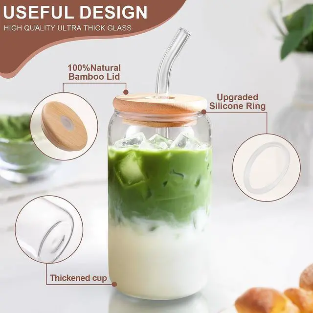 Alt view image 5 of 6 - Iced Coffee Cups with Lids 2 pcs,16 oz Glass Cups with Lids and Straws as Coffee Bar Accessories,Beer Drinking Glasses,Reusable Glass Tumbler,Cute Coffee Cups for Coffee, Juice, Gifts