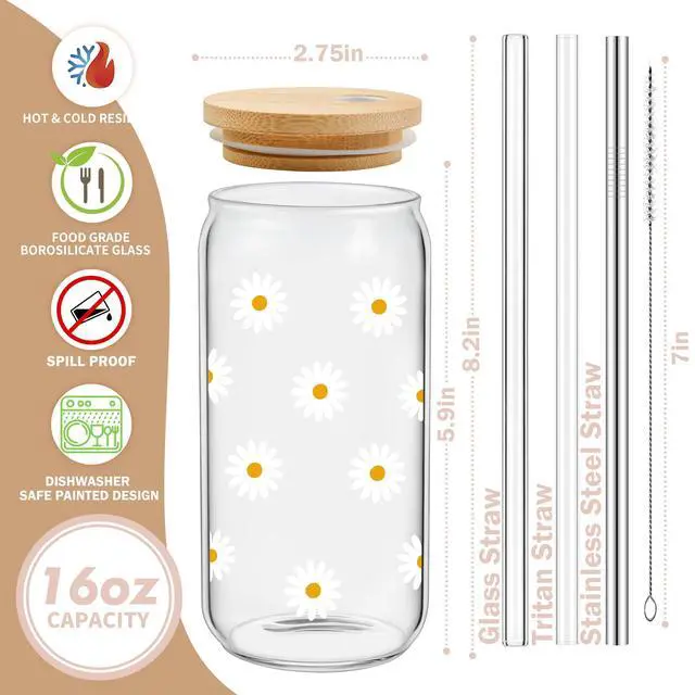Alt view image 3 of 7 - Cute Glass Cups with Lids and Straws, Daisy Flower Iced Coffee Smoothie Matcha Cup Tumbler Christmas Birthday Gifts for Women Sister Friend Her Preppy Teenage Girls Teen Girl Gifts Trendy Stuff Things