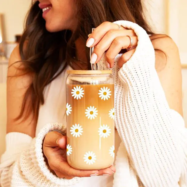 Alt view image 2 of 7 - Cute Glass Cups with Lids and Straws, Daisy Flower Iced Coffee Smoothie Matcha Cup Tumbler Christmas Birthday Gifts for Women Sister Friend Her Preppy Teenage Girls Teen Girl Gifts Trendy Stuff Things