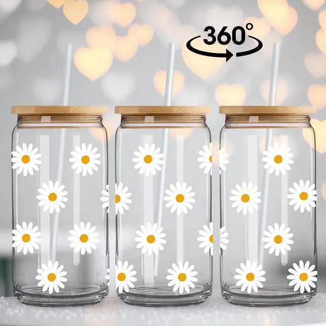 Alt view image 5 of 7 - Cute Glass Cups with Lids and Straws, Daisy Flower Iced Coffee Smoothie Matcha Cup Tumbler Christmas Birthday Gifts for Women Sister Friend Her Preppy Teenage Girls Teen Girl Gifts Trendy Stuff Things