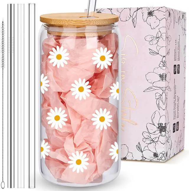 Main image of Cute Glass Cups with Lids and Straws, Daisy Flower Iced Coffee Smoothie Matcha Cup Tumbler Christmas Birthday Gifts for Women Sister Friend Her Preppy Teenage Girls Teen Girl Gifts Trendy Stuff Things