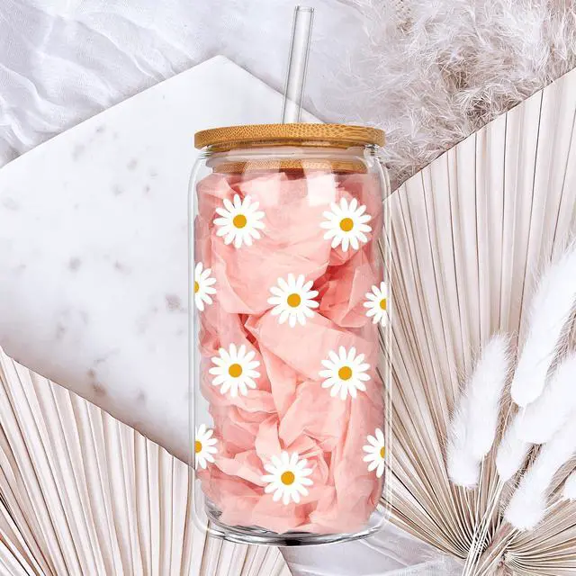 Alt view image 7 of 7 - Cute Glass Cups with Lids and Straws, Daisy Flower Iced Coffee Smoothie Matcha Cup Tumbler Christmas Birthday Gifts for Women Sister Friend Her Preppy Teenage Girls Teen Girl Gifts Trendy Stuff Things