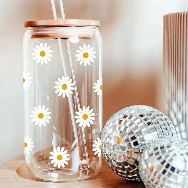 Alt view image 6 of 7 - Cute Glass Cups with Lids and Straws, Daisy Flower Iced Coffee Smoothie Matcha Cup Tumbler Christmas Birthday Gifts for Women Sister Friend Her Preppy Teenage Girls Teen Girl Gifts Trendy Stuff Things