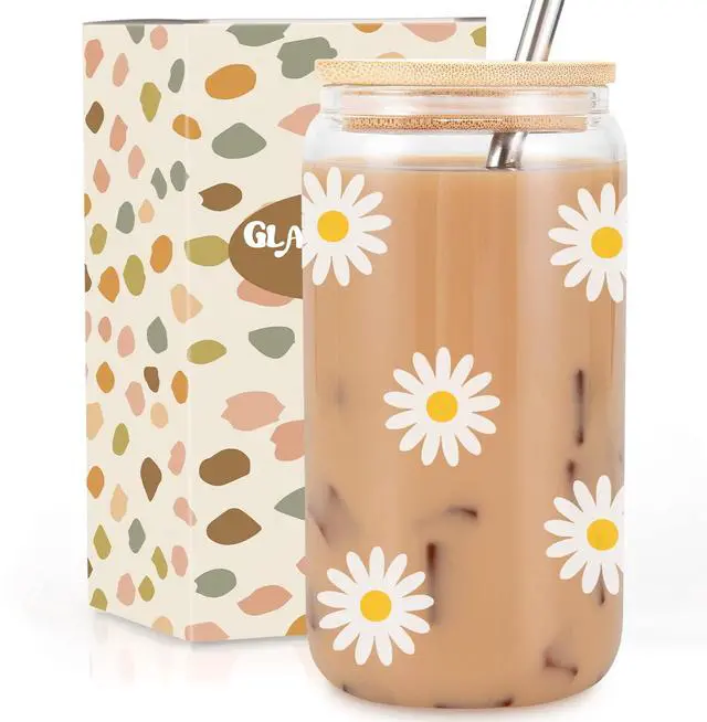 Main image of Daisy Aesthetic Gifts, Iced Coffee Cup, Cute Glass Cups with Lids and Straws - Cute Mugs, Flower Mug, Glass Tumbler - Mothers Day, Birthday Gifts for Women, Coffee Lovers, Friend, Girls, Mom, Her